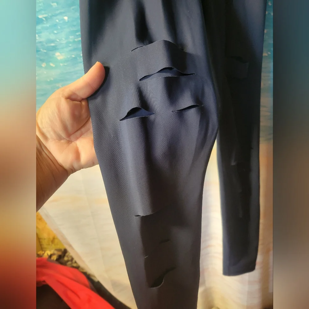 Alo Yoga Warrior Ripped Cut Slit Leg High Rise‎ Leggings Size XS Navy Blue
